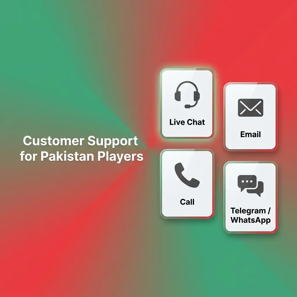 Customer support options for Pakistan players, including live chat, tickets, email and account help