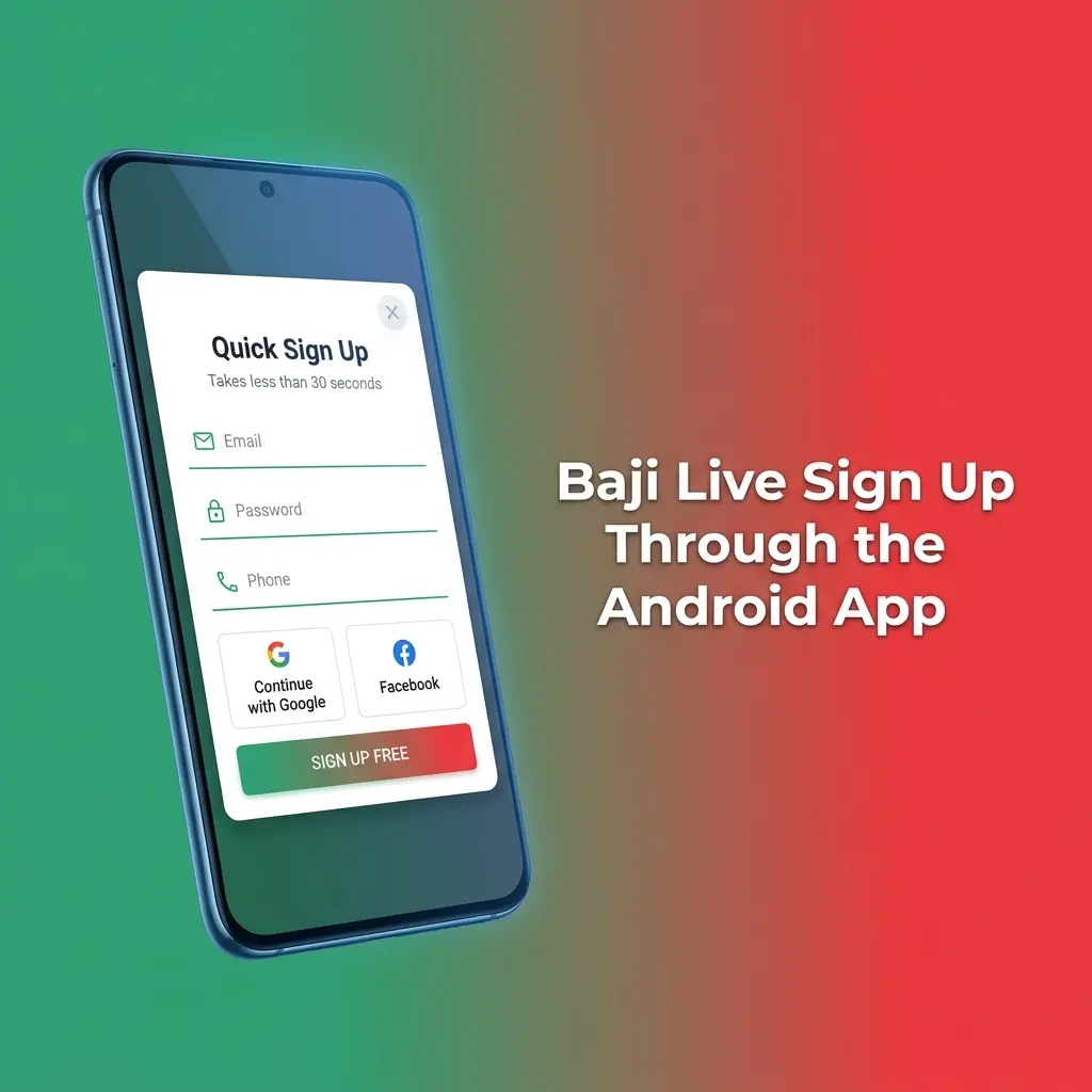 Baji Live Android app sign-up screen showing registration steps for account setup, OTP verification, and cashier access