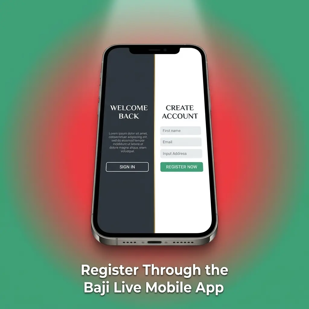 Baji Live mobile app registration screen showing mobile number, password, promo code, age confirmation, and Cashier login